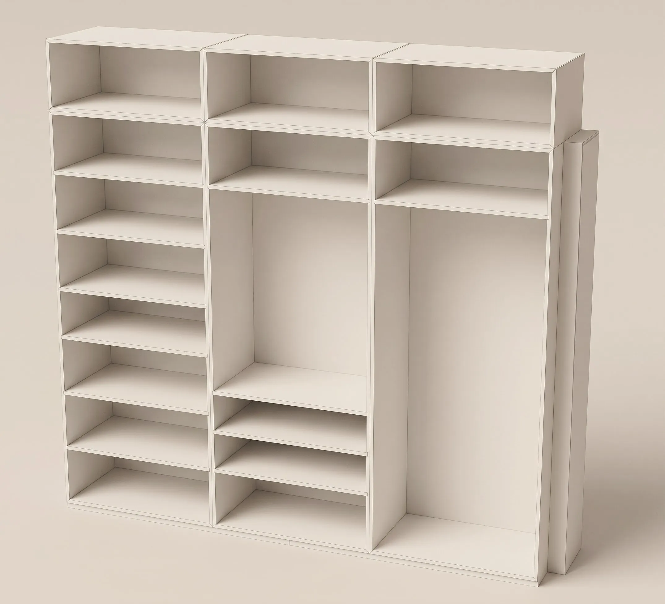3D-ontwerp van een kast op maat, weergegeven als wit model